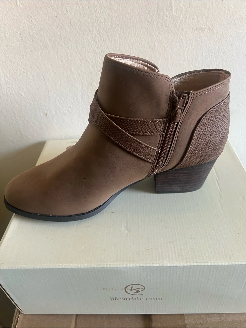 Life Stride Taupe Ankle Booties with Wrap Strap Detail